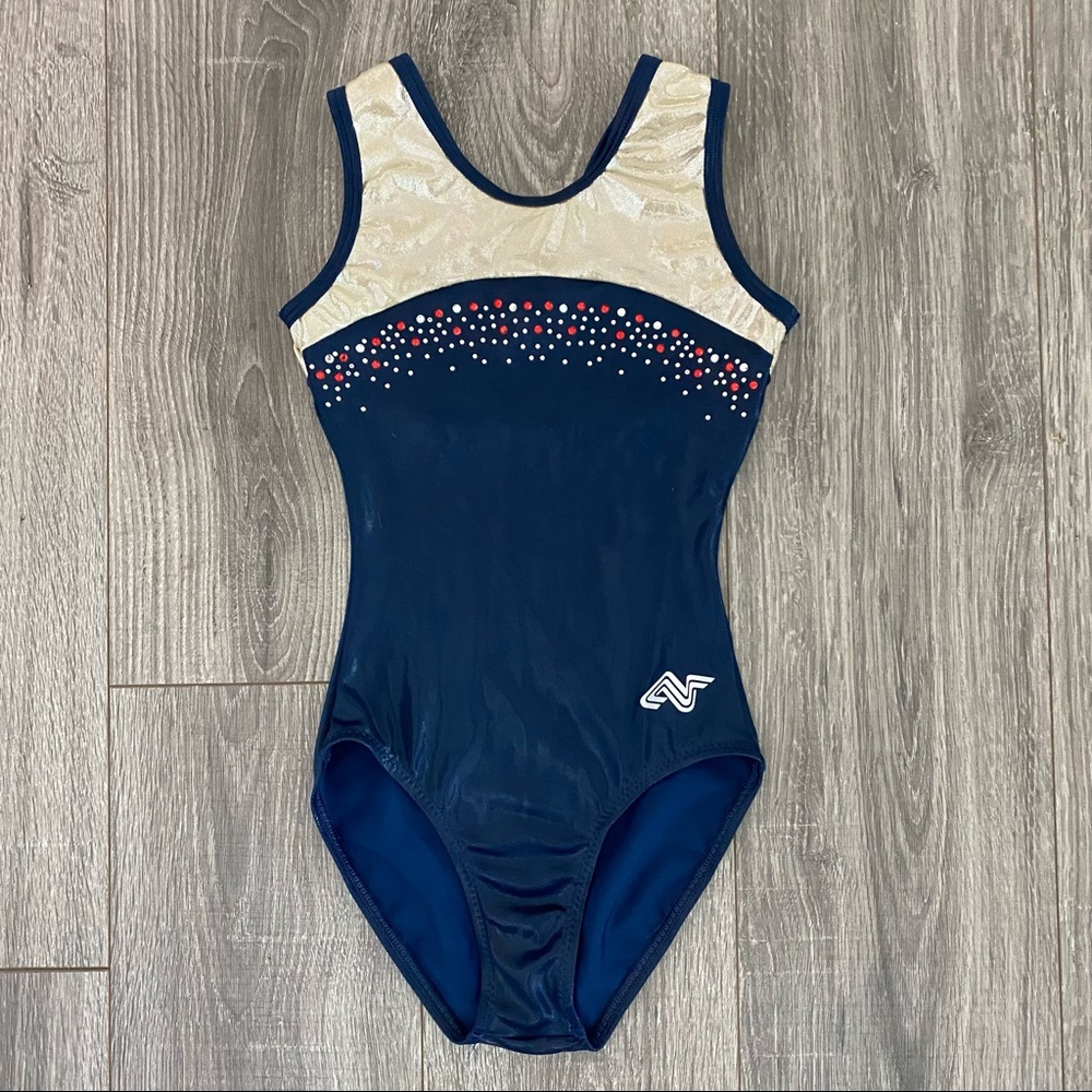 Alpha Factor blue & gold gymnastics leotard